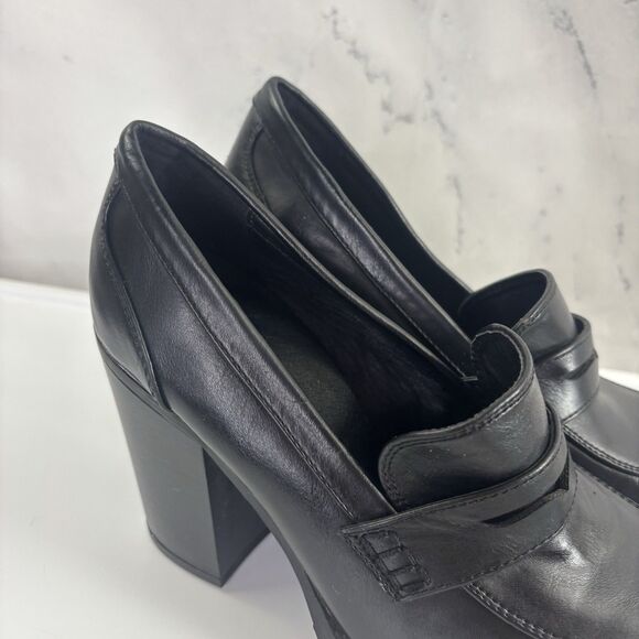 Y2K 90s Vintage Bongo Block Heel Platform Loafers Blk Leather Chunky 8.5 Grunge - Picture 4 of 15